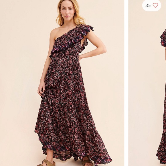 FREE PEOPLE WHAT ABOUT LOVE ONE SHOULDER FLOWY PLAID MAXI DRESS BLACK MOTIF M - Picture 4 of 16